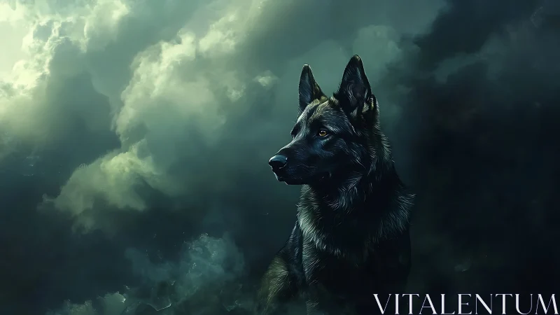 Lone shepherd dog stands watch beneath storm-swept clouds