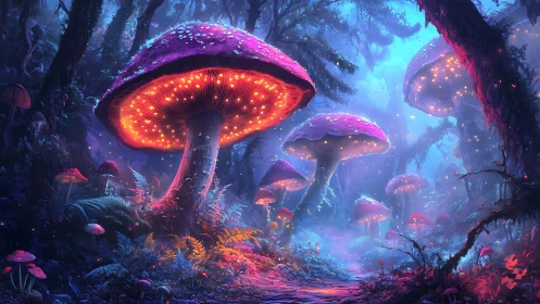 Luminous mushroom elders casting neon spells in twilight woods.