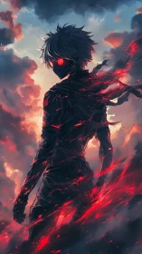 Backlit cyberpunk antihero with burning red particle shroud.