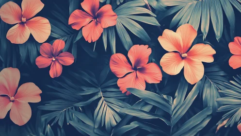 Coral hibiscus blooms layered against deep indigo tropical foliage.