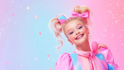 Pastel Pop Portrait: Maximalist Character Design with Gradient Background.