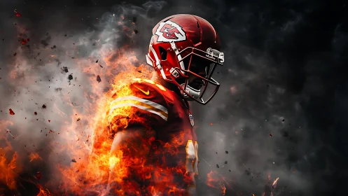 Gridiron blaze around a focused red-uniformed football hero.