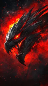 Armored dragon head emerges from blazing red inferno
