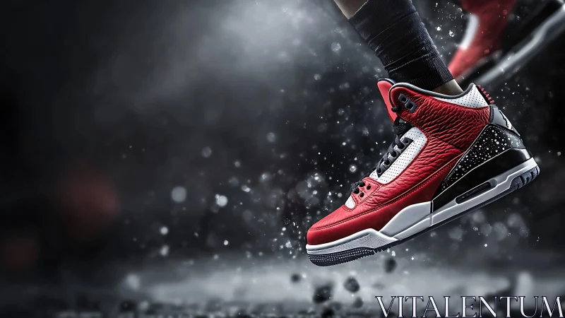 Red leather basketball sneaker in explosive motion blur.