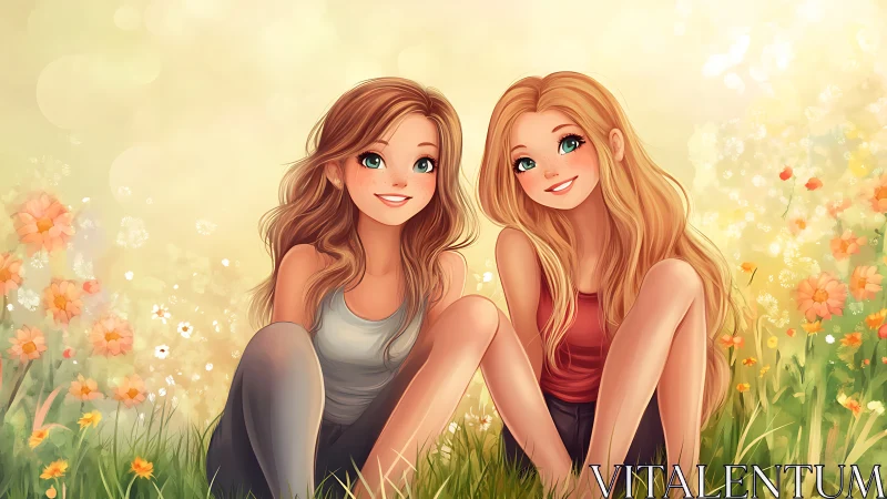 Two smiling girls in dreamy meadow, digital anime illustration.