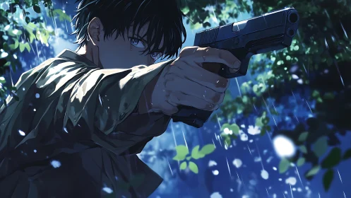 Figure aims handgun in rain within dense foliage at night
