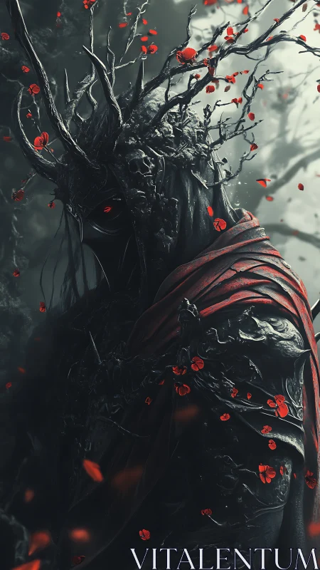 Forest shadow king wrapped in crimson petals and mystery.
