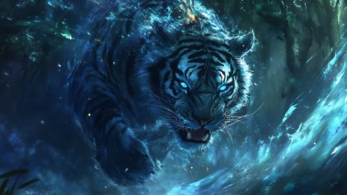 Mystic blue tiger surging through luminous forest waters.