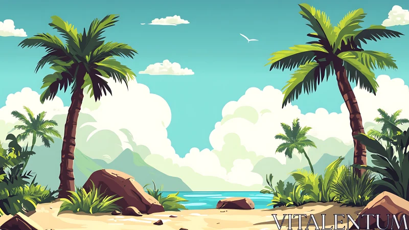 Tropical Beach Paradise: Stylized Digital Illustration with Palms and Turquoise Waters.