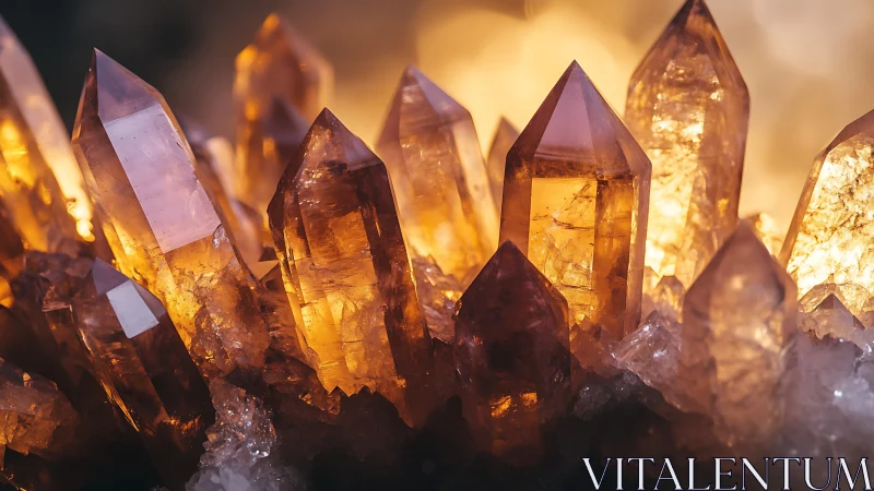 Photorealistic amber crystal cluster with backlit translucency.