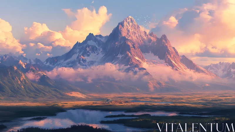 Sunlit fantasy peak above valley river plain at dawn.