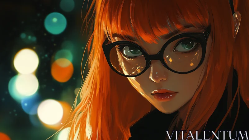 Neon-lit redhead portrait with reflective oversized glasses.