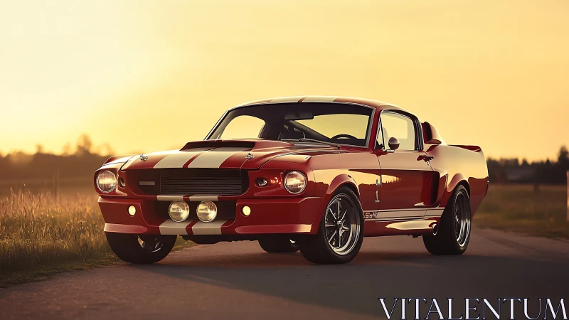 Classic red muscle car under cinematic golden sunset glow.