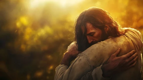 Emotional embrace in golden backlight with textured fabrics.