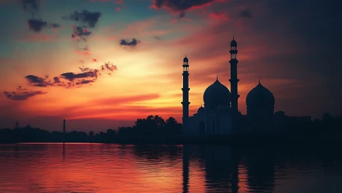 Mosque silhouette frames high dynamic range sunset sky gradients