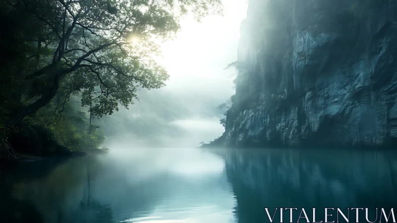 Mist-suffused karst gorge with specular still-water reflections.