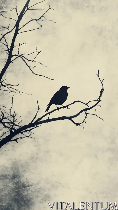 Crow silhouette perches on winter branch in pale mist sky