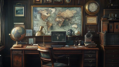 Study desk with globes, wall map, and computer monitor