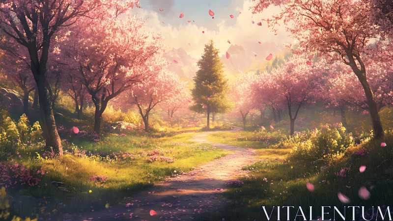 Sunlit stone path curves through dense cherry blossom corridor