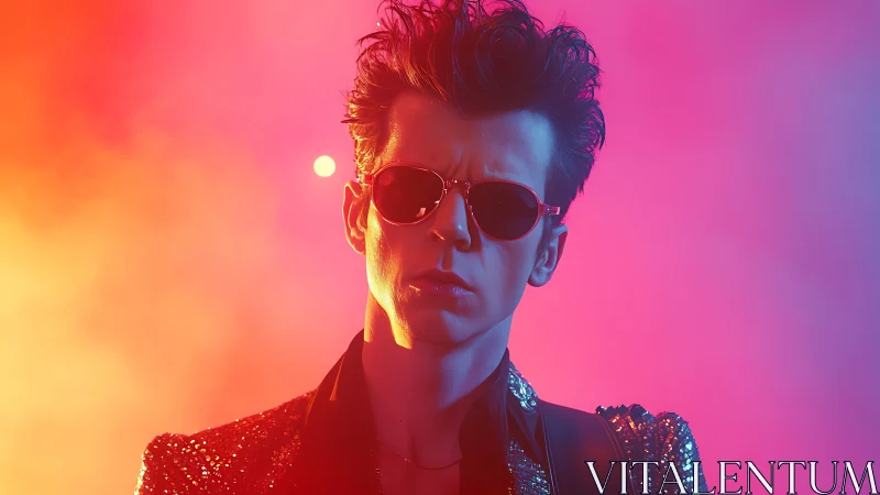 Retro styled musician in sunglasses under neon lights.
