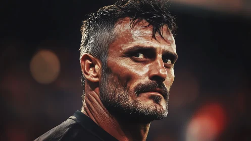 Serious middle‑aged man stares back under stadium lights.