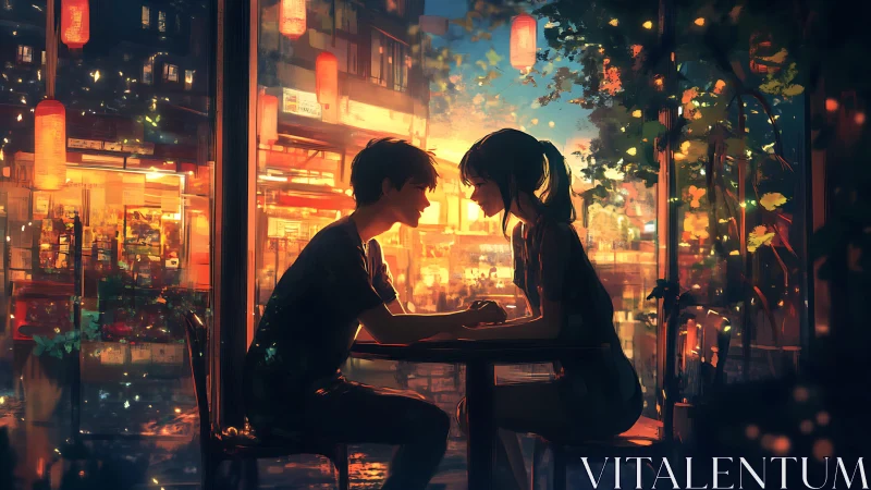 Lanternlit café confession between dusk-soaked silhouettes.