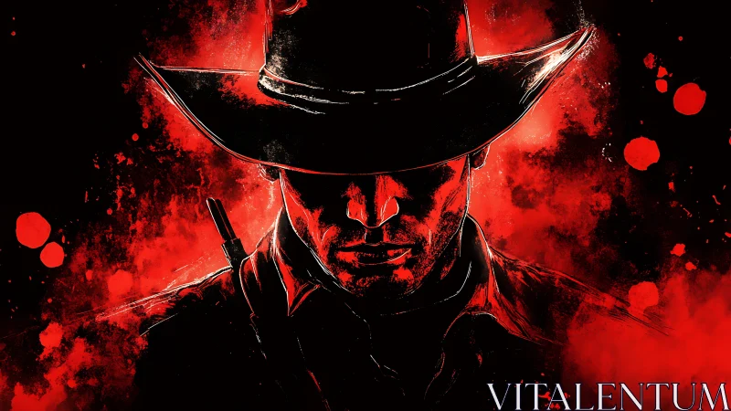 Silhouetted gunslinger portrait in red splatter haze.