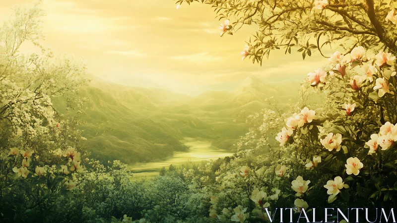 Sunlit valley landscape framed by blooming flowers.