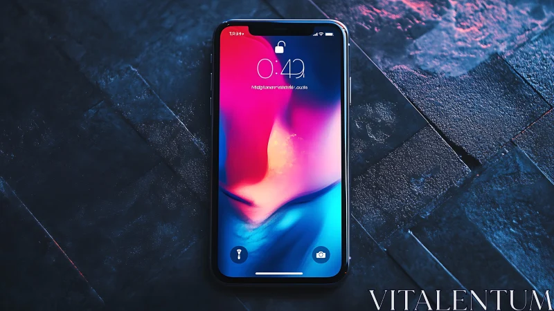 Smartphone Displaying Vibrant Gradient Wallpaper on Textured Surface