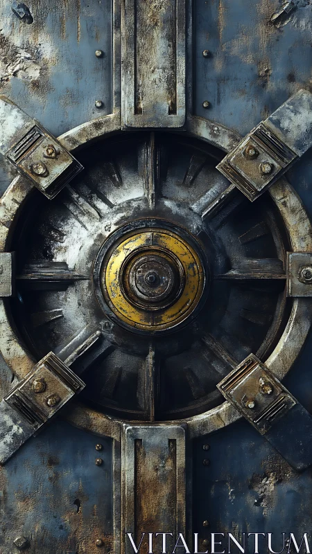 Rusted steel vault door with industrial circular locking hub.