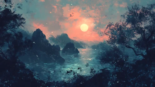 Moonlit coastal inlet glows through mist and silhouetted pines.