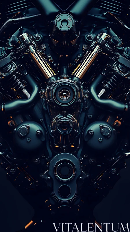 Chrome heart of the machine, glowing in midnight teal.