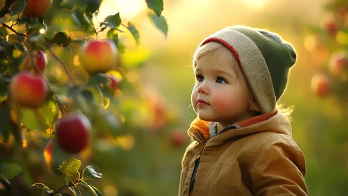 Child gazing at ripe apples in golden autumn orchard light.
