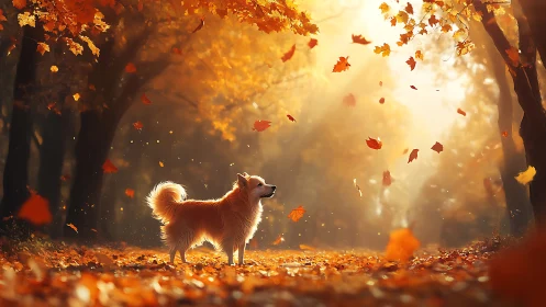 Golden dog pauses while autumn leaves whirl in sunlit air