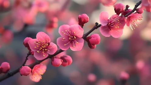 Pink flowering branch with yellow stamen detail and blurred background.
