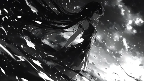 Monochrome anime girl standing in abstract cloudy field.