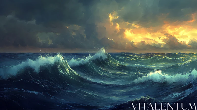 Stormy ocean waves rise under glowing yellow sunset sky