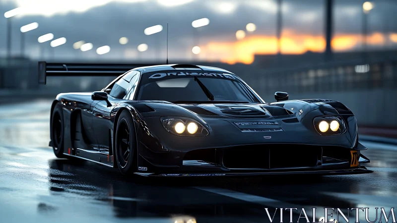 Midnight track predator car slices through neon dusk rain