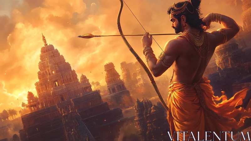 Sun-forged archer poised above blazing temple empire.