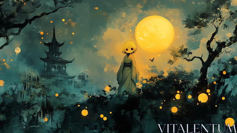 Spirit child under lantern moon in misty fantasy grove.