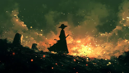 Lone swordsman walks through burning wasteland at dusk
