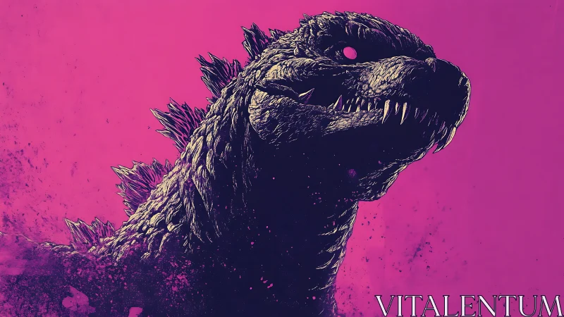 Colossal reptilian titan dominates vivid magenta sky.