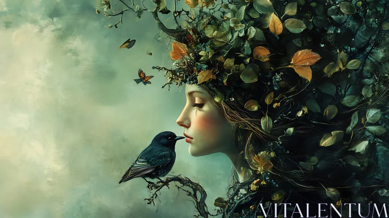 Leaf crowned muse whispering secrets to a midnight bird.
