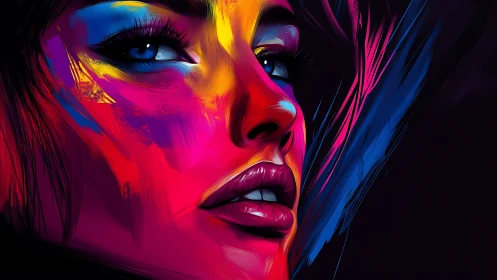 Neon-lit female portrait in saturated abstract brush strokes.