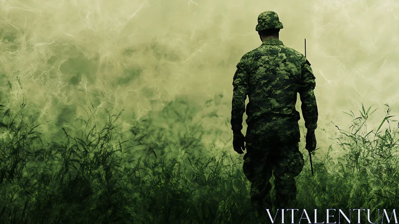 Lone soldier dissolves into misty green battlefield haze.