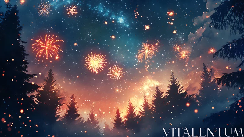 Fireworks ignite a dreamlike night sky above dark pine forest