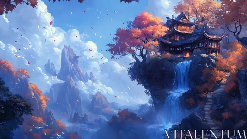 Mountain temple above waterfall framed by autumn foliage glows