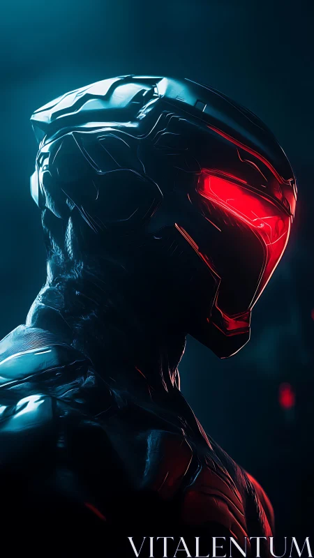 Sleek futuristic android with glowing red visor in shadow.