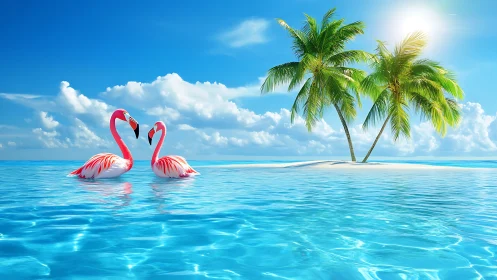 Two flamingos positioned in shallow tropical water with palm island