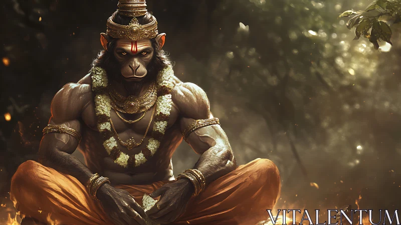 Muscular humanoid monkey deity meditates amid volumetric forest light